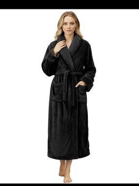 Plush Long Shawl Collar Robe - Black